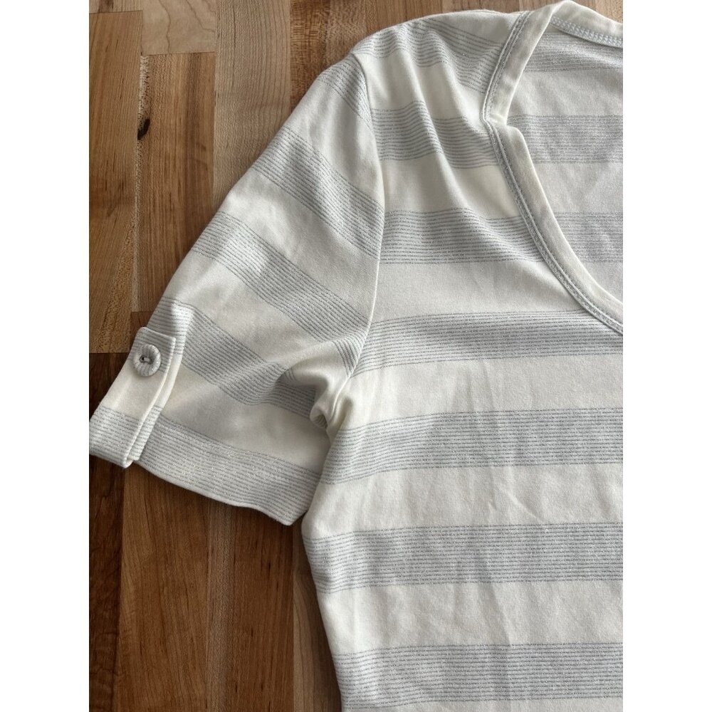 St John Women's Short Sleeve Stretch Knit Top Ivory Metallic Silver Stripe M - Picture 2 of 8
